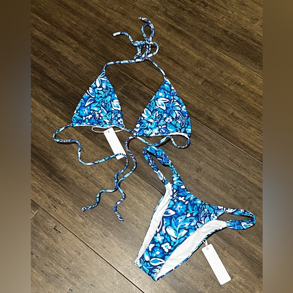 NWT Bright swim bikini SMALL bottom MED top shades of blue & white